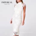 Midi Crochet Mock Neck Celebrity Lace Bodycon White Lace Dress